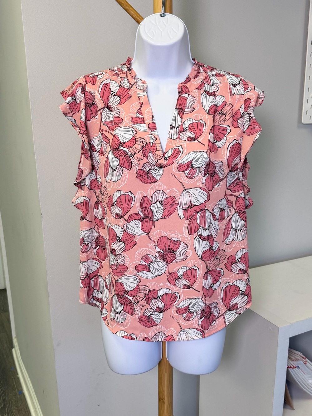 LIZ Claiborne Floral Pink Ruffle Sleeve Blouse Sz XS
